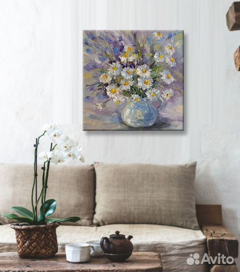 Картина букет цветов ромашки маслом на холсте