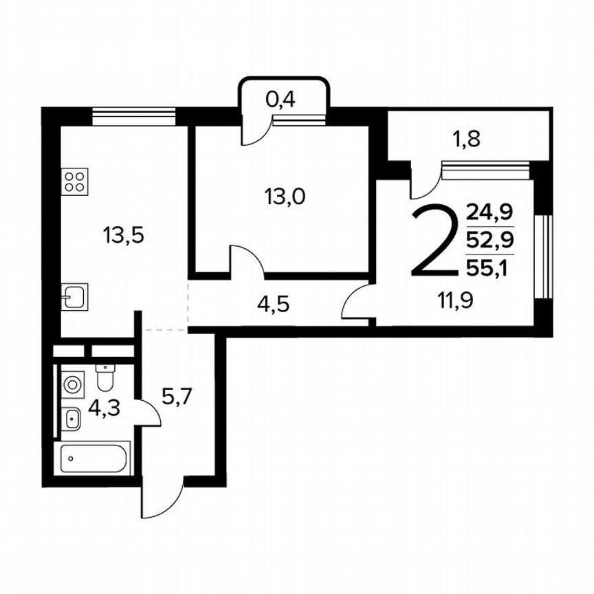 2-к. квартира, 55,1 м², 13/14 эт.