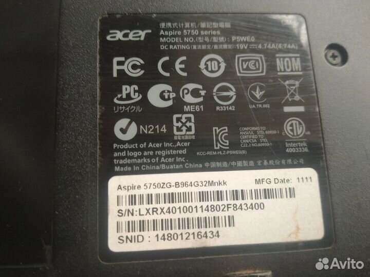 Ноутбук Acer aspire 5750zg