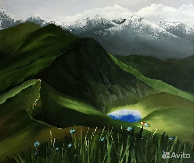 Горный пейзаж, летняя картина маслом