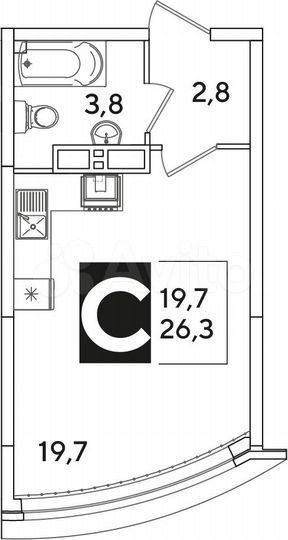 Квартира-студия, 26,3 м², 15/16 эт.