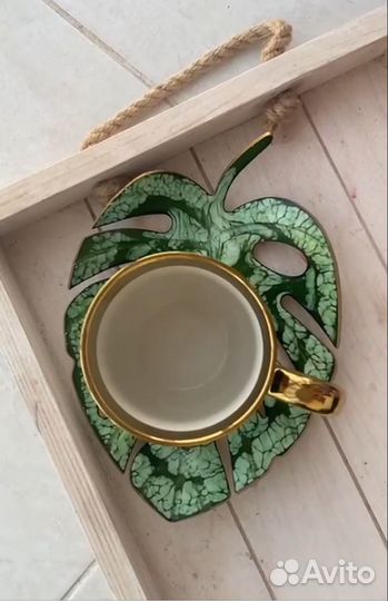 Новый комплект вазочка подставка монстера и кружка