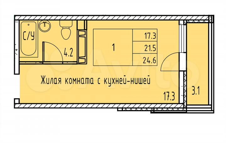 Квартира-студия, 24,6 м², 4/15 эт.