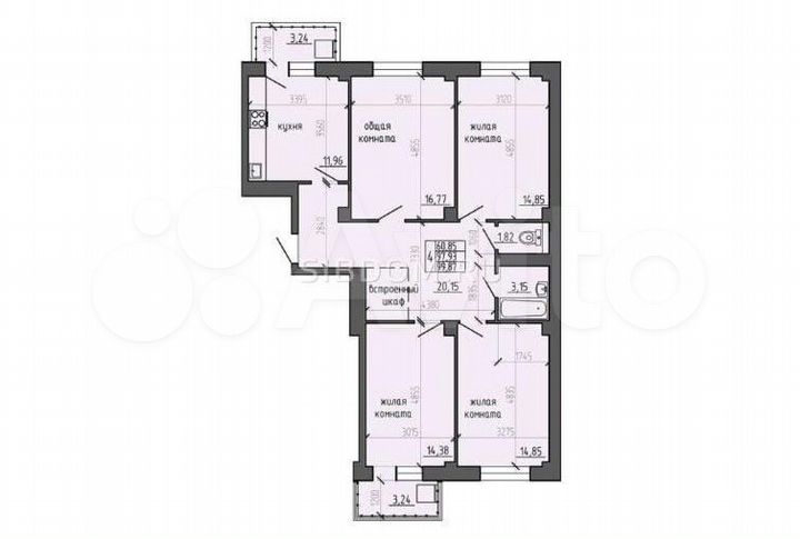 4-к. квартира, 99,9 м², 9/9 эт.