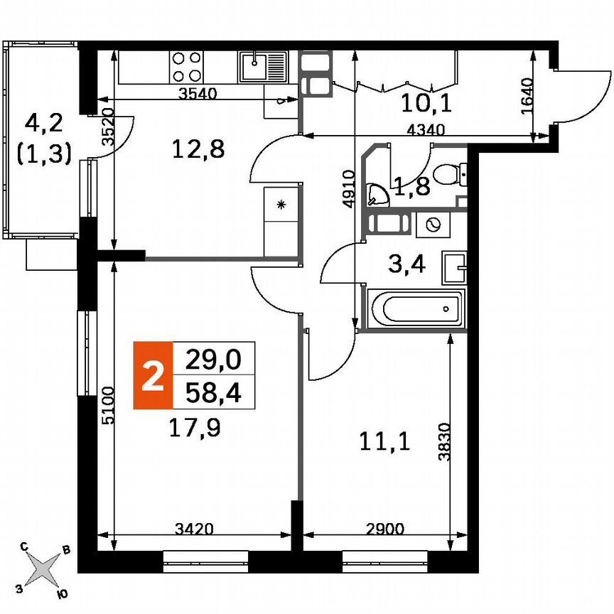 2-к. квартира, 57,1 м², 19/22 эт.