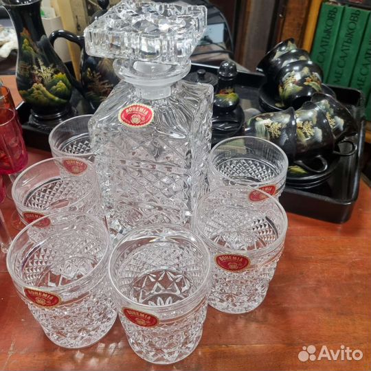 Графин хрустальный + 6 стаканов, 6 рюмок богемия