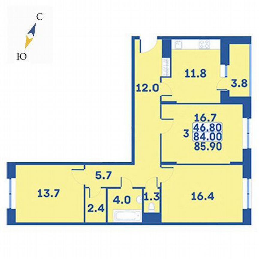 3-к. квартира, 85,9 м², 2/7 эт.
