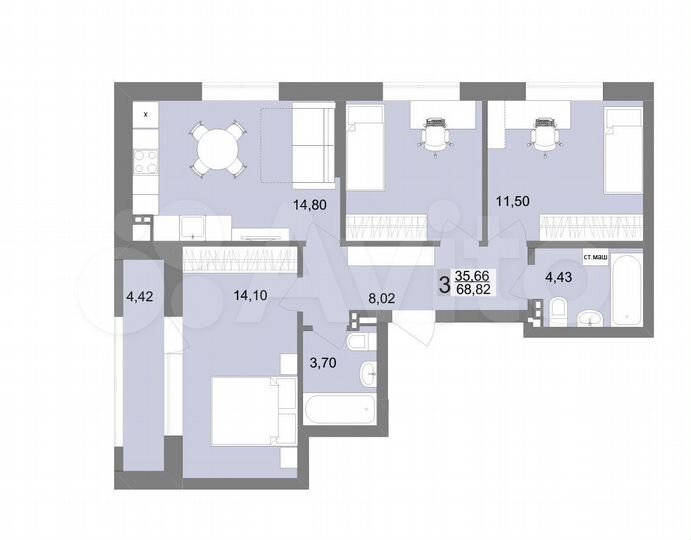 3-к. квартира, 68,8 м², 1/10 эт.