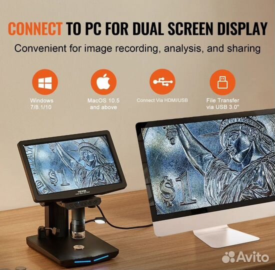 Цифровой микроскоп IPS 10.1 дюйма 10-1300X Новый