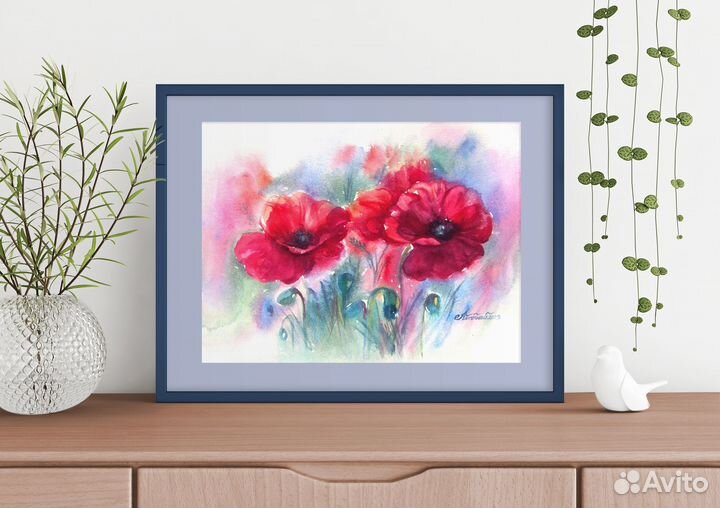 Красные маки. Картина цветы акварелью. Крупные цве