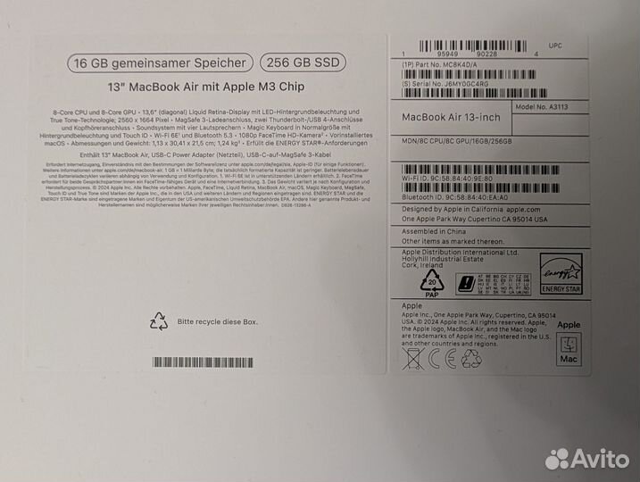 Macbook air 13 m3 16 256gb