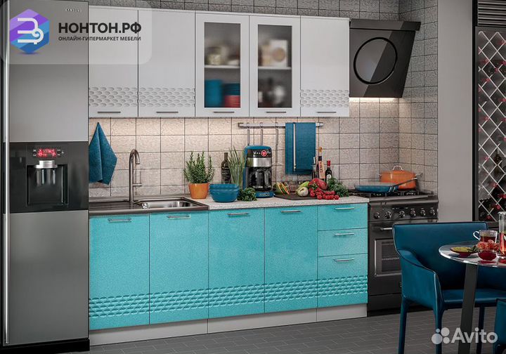 Кухня Волна 2.0 м белый глянец / бирюза