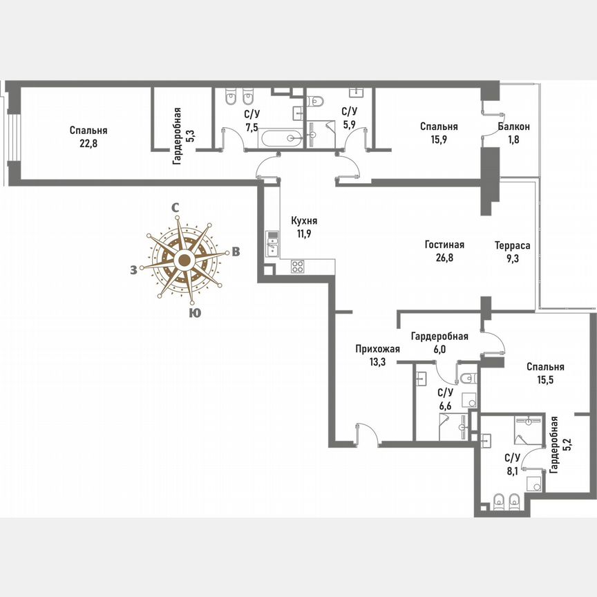3-к. квартира, 161,9 м², 2/15 эт.