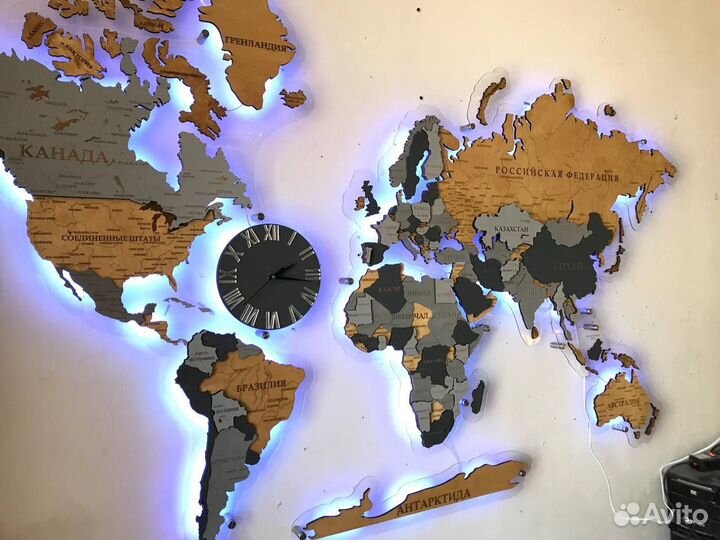 Карта мира из дерева на стену с подсветкой