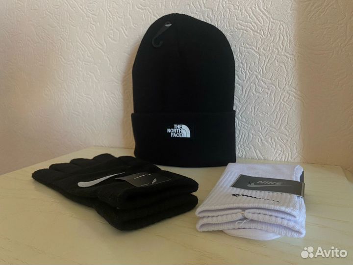 Зимний Комплект 3В1 Шапка TNF и перчатки nike