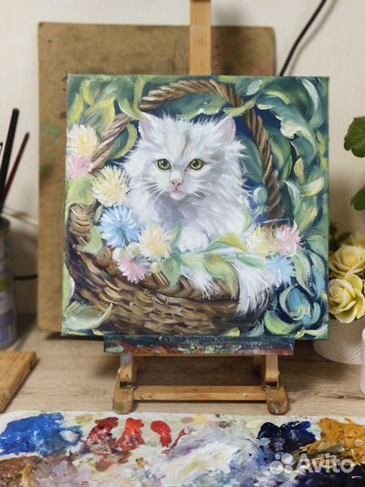 Картина маслом с котом на холсте 30х30см