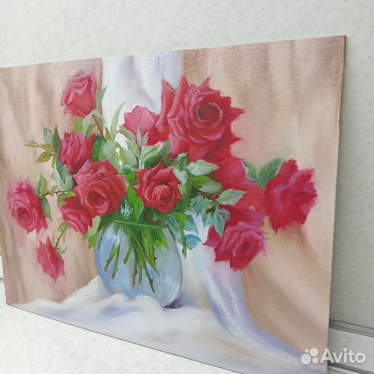 Картина маслом на холсте цветы Розы в вазе