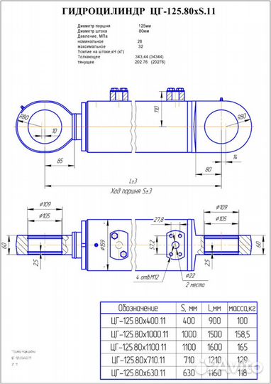 Гидроцилиндр ковша, рукояти цг-125.80х1000.11