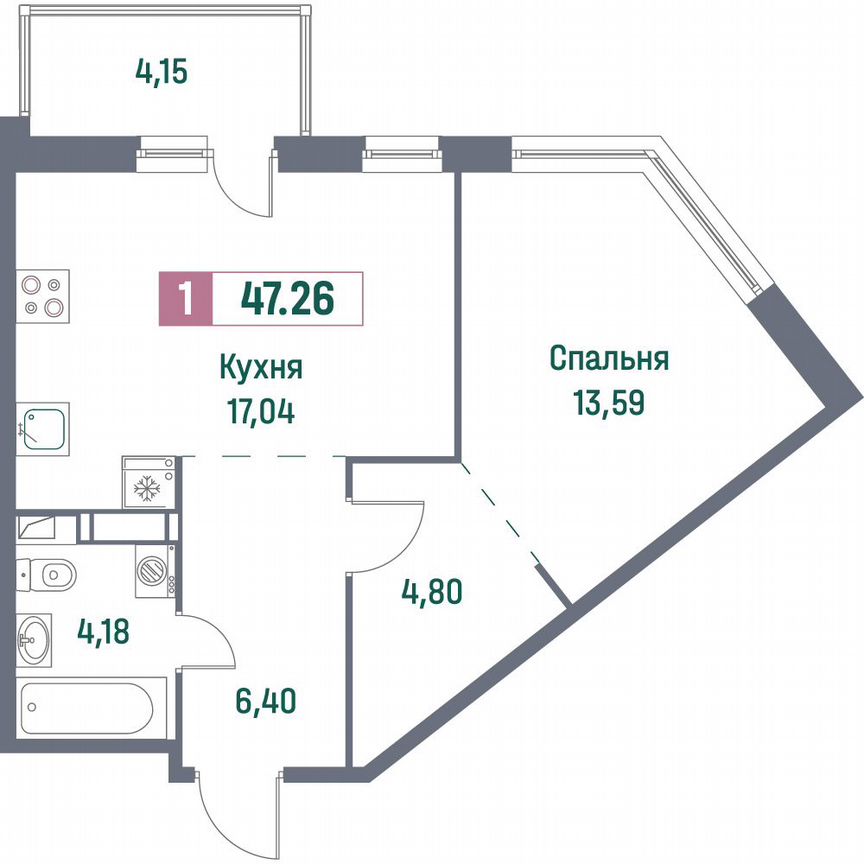 1-к. квартира, 47,3 м², 14/16 эт.