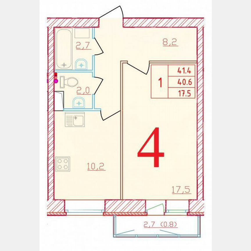 1-к. квартира, 41,4 м², 9/9 эт.