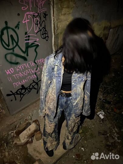 Distressed balenciaga type denim suit opium