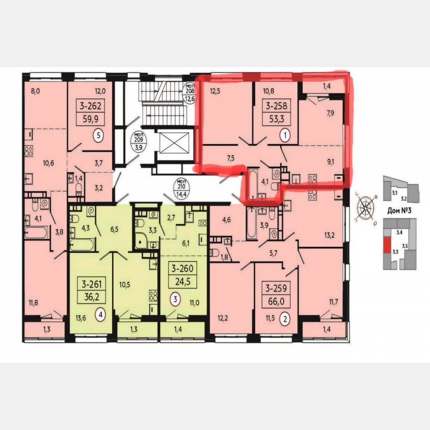3-к. квартира, 53,3 м², 7/9 эт.