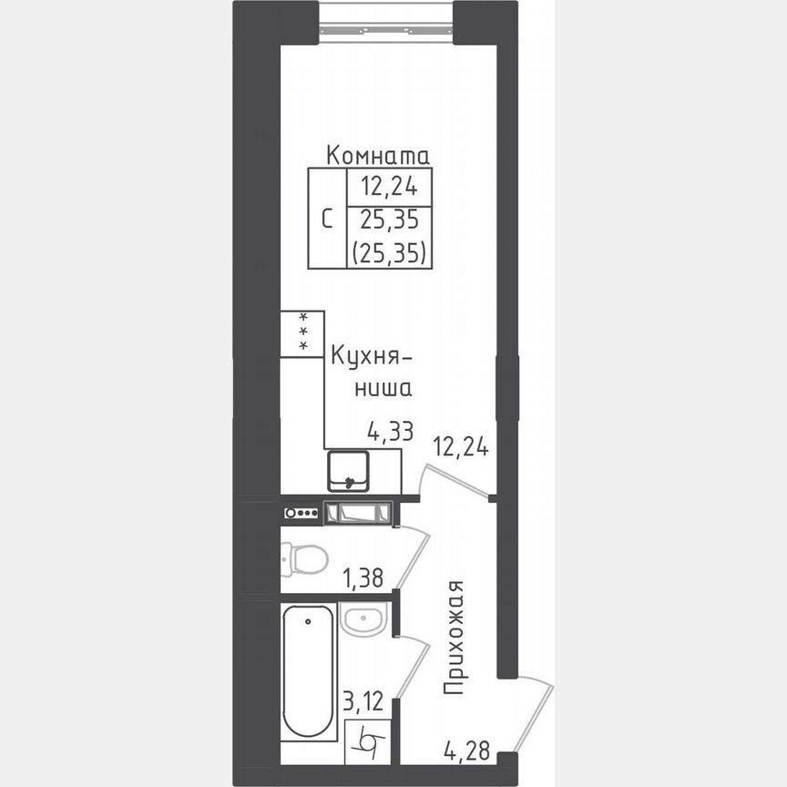 Квартира-студия, 25,4 м², 5/5 эт.