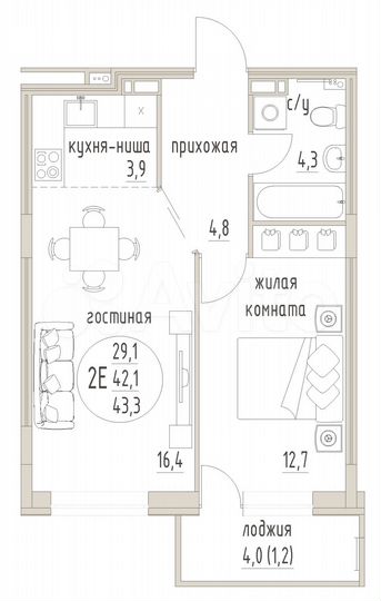 2-к. квартира, 43,3 м², 4/10 эт.
