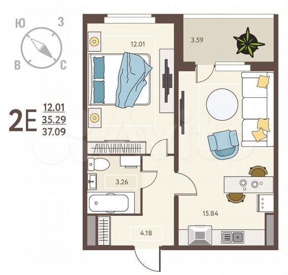 1-к. квартира, 37,1 м², 15/17 эт.
