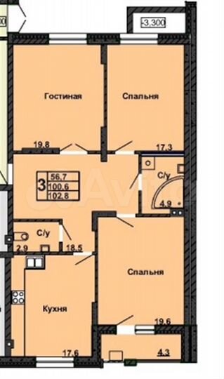3-к. квартира, 102,6 м², 1/9 эт.