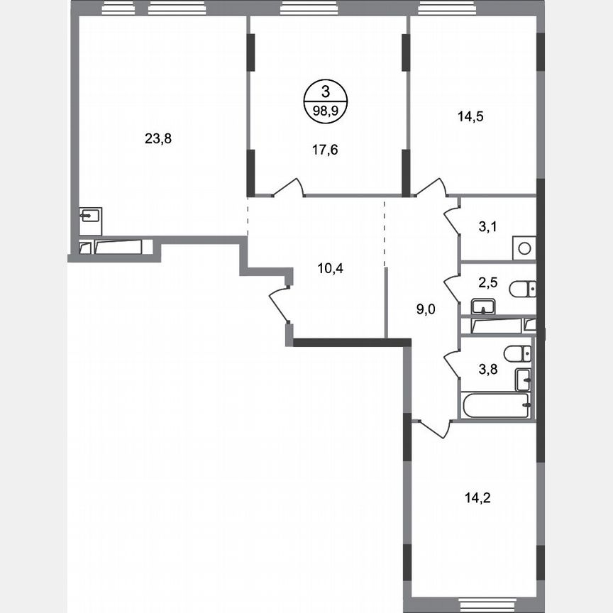 3-к. квартира, 98,9 м², 15/17 эт.