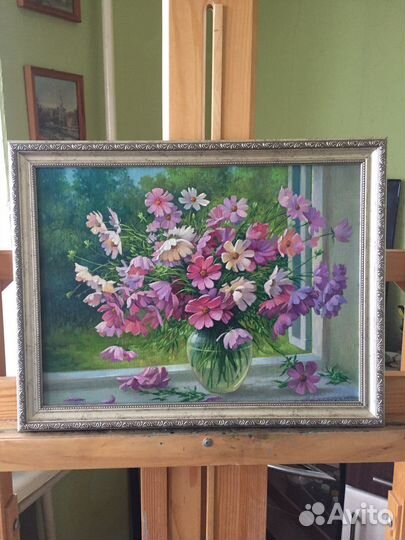 Картина маслом цветы космея