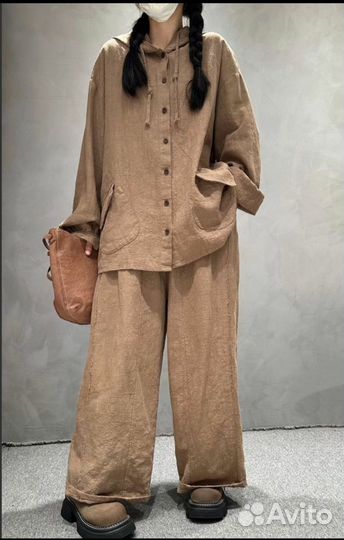 Летний брючный костюм с капюшоном. Лен. Оверсайз