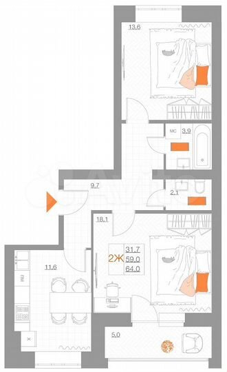 2-к. квартира, 64 м², 4/5 эт.
