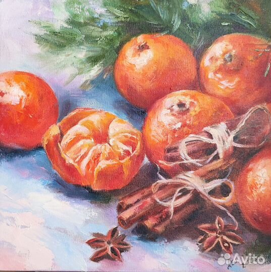 Картина маслом с мандаринами 30/30 см