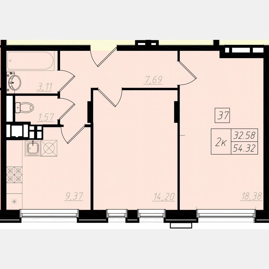 2-к. квартира, 31,2 м², 2/4 эт.