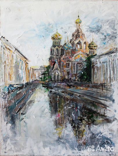 Картина маслом «Дождливый Питер. Спас на крови»