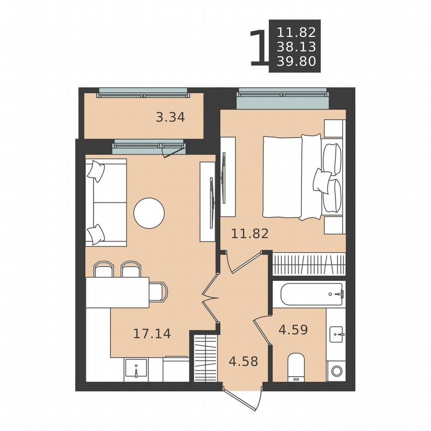 1-к. квартира, 39,8 м², 1/6 эт.