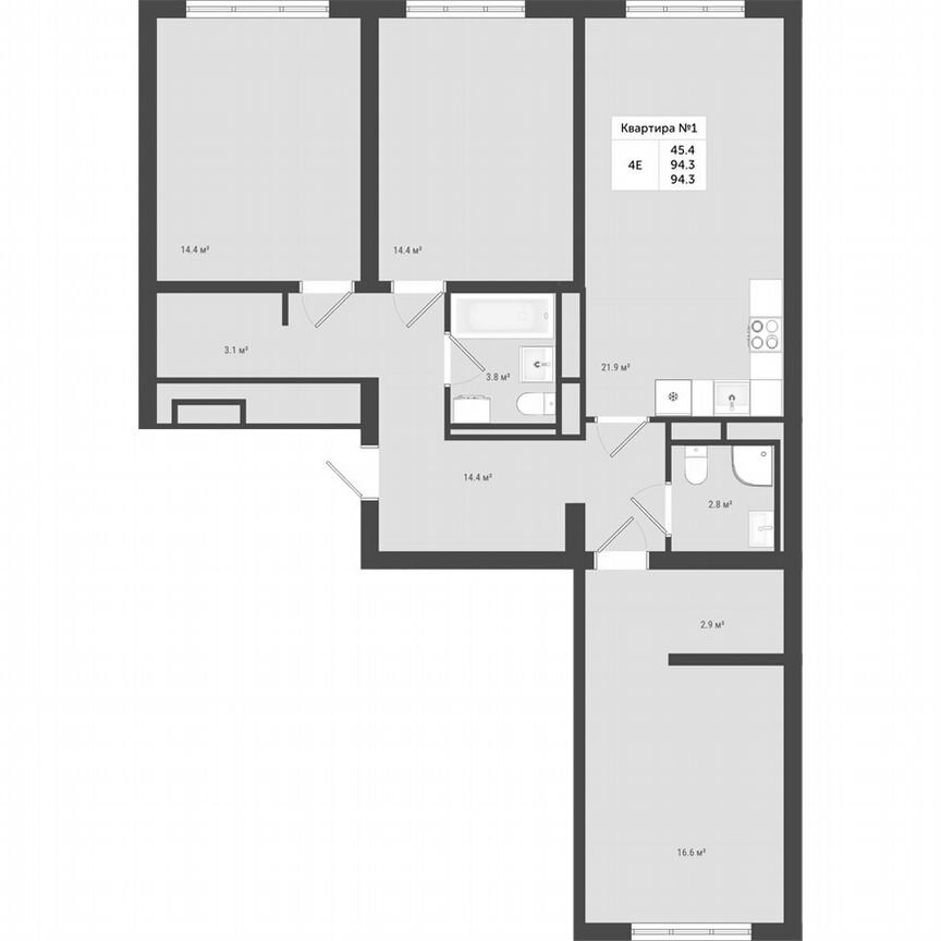 3-к. квартира, 94,3 м², 1/4 эт.