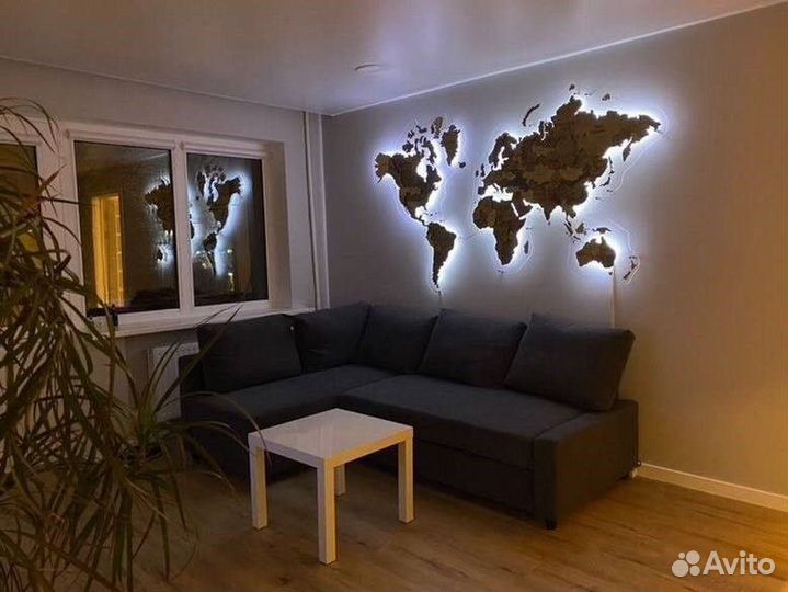 Карта мира из дерева на стену с подсветкой