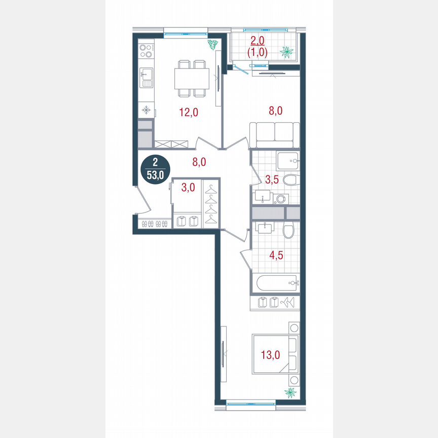 2-к. квартира, 53 м², 25/26 эт.