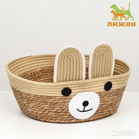 Экологичный лежак 'Мишка' для животных (хлопок+рогоз), 35 х 27 х 13 см, вес до 8 кг