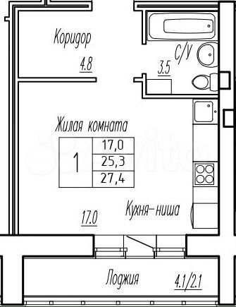 Квартира-студия, 25,3 м², 9/9 эт.
