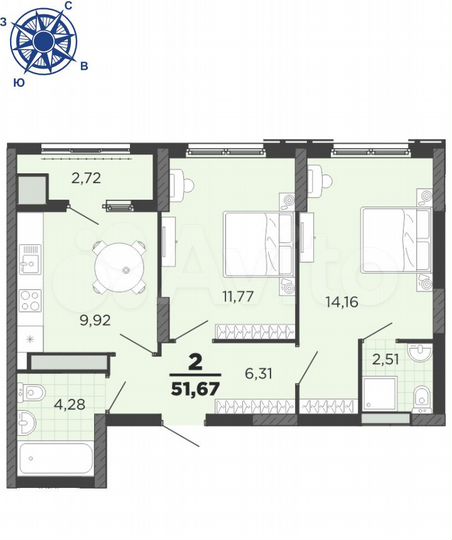 2-к. квартира, 51,7 м², 13/25 эт.
