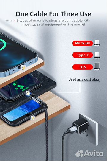 Магнитный зарядный кабель передача данных 540град