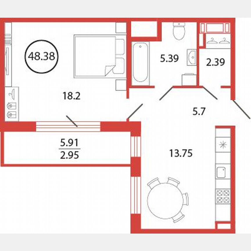 1-к. квартира, 48,4 м², 9/12 эт.