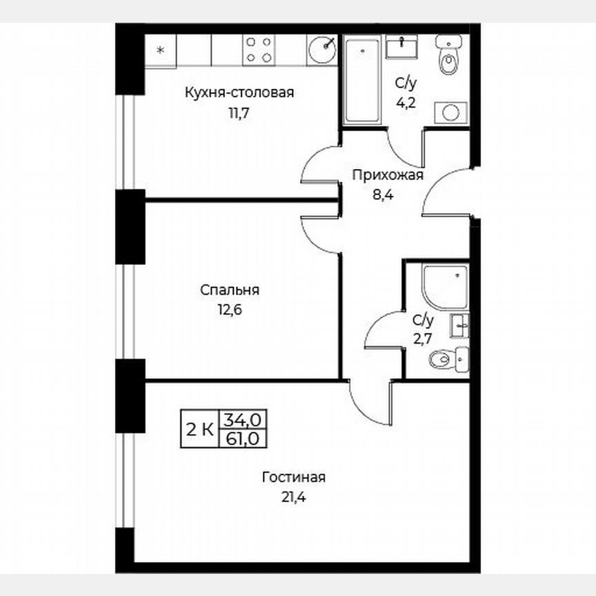 2-к. апартаменты, 61 м², 15/30 эт.