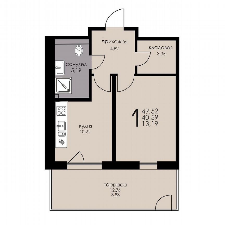 1-к. апартаменты, 40,6 м², 1/6 эт.