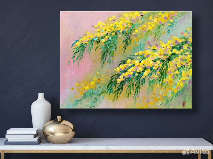 Картина маслом на холсте цветы весенняя мимоза