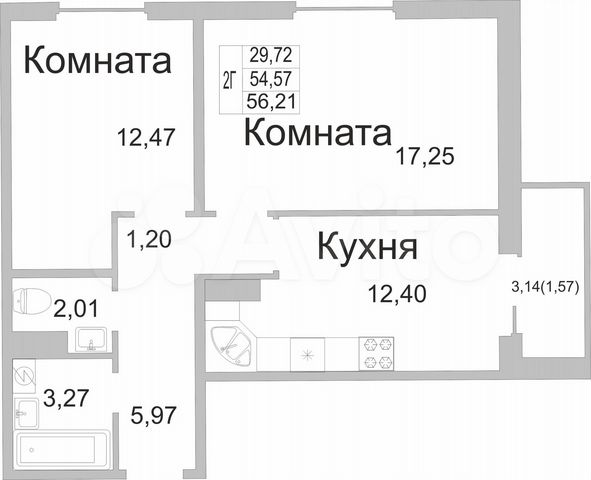 2-к. квартира, 55,8 м², 2/9 эт.